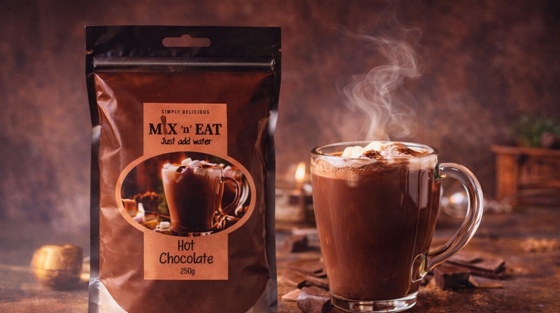 Warm sjokolade en Mix n Eat-produk